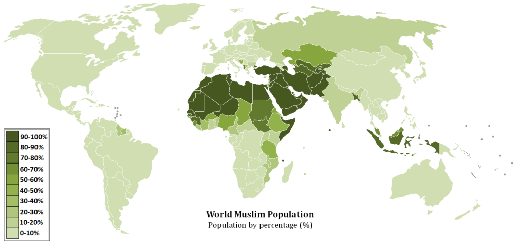 Obr. Procentuální zastoupení muslimů v jednotlivých státech Zdroj: wiki
